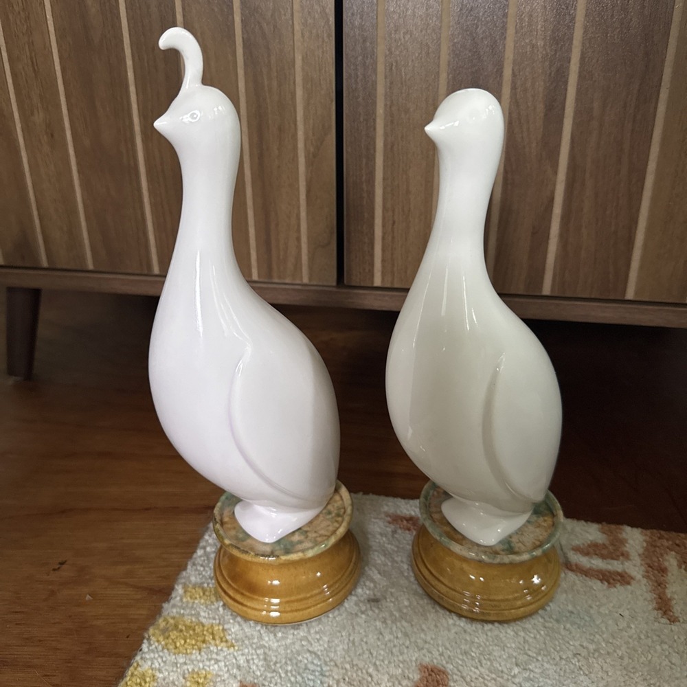MCM Pair Of White Porcelain Quail On Pedestals, Possibly Royal Dux